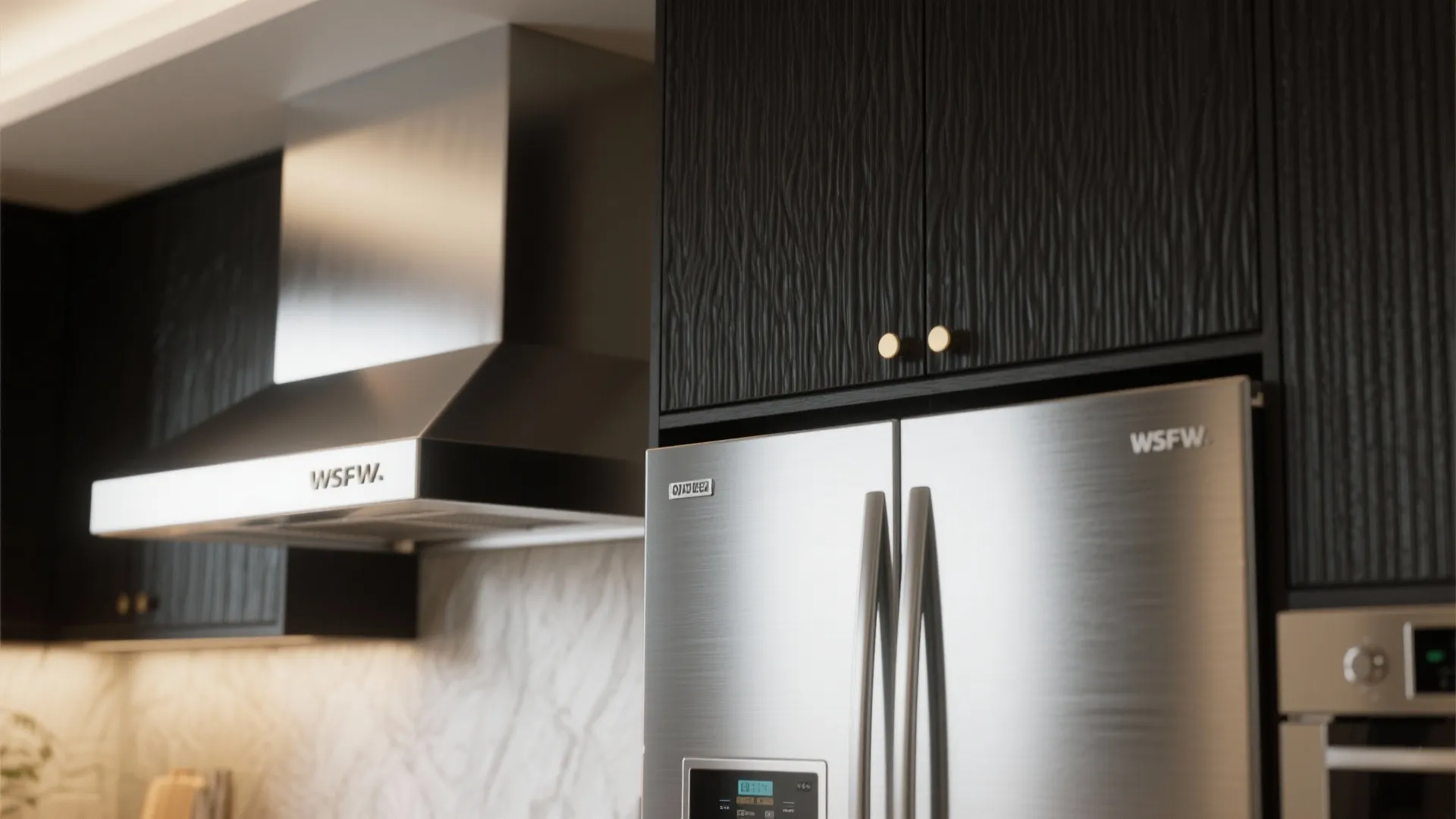 Fluted black cabinet fronts beside glossy brushed stainless hood and fridge, showing texture contrast.