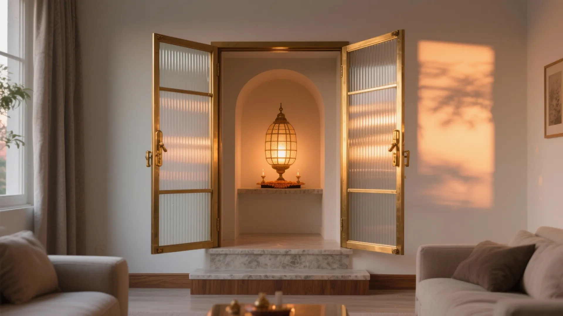 Open glass doors leading to an alcove with a large light fixture and warm golden sunlight