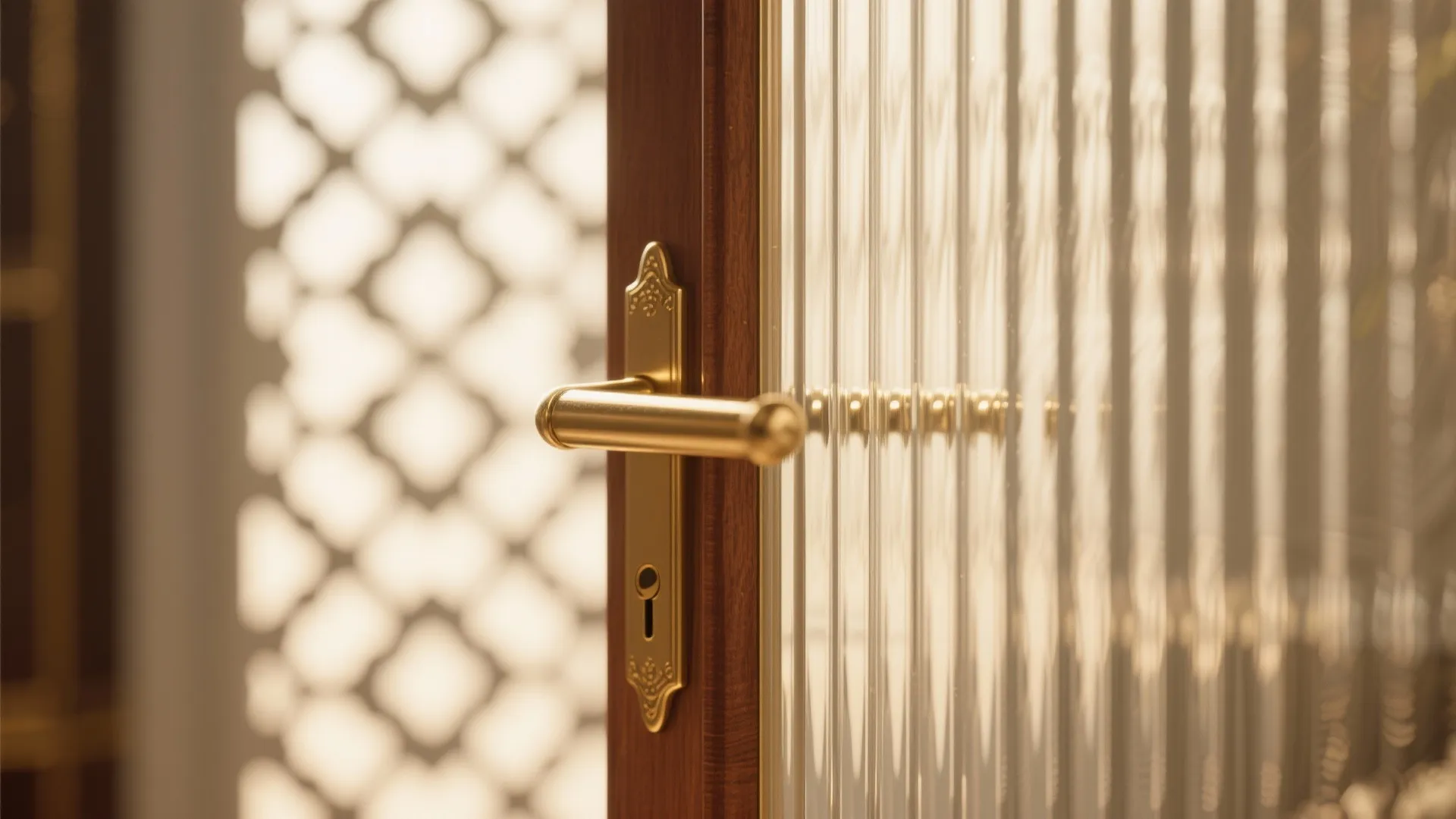 Close up view of a gold door handle on a glass door with wood frame