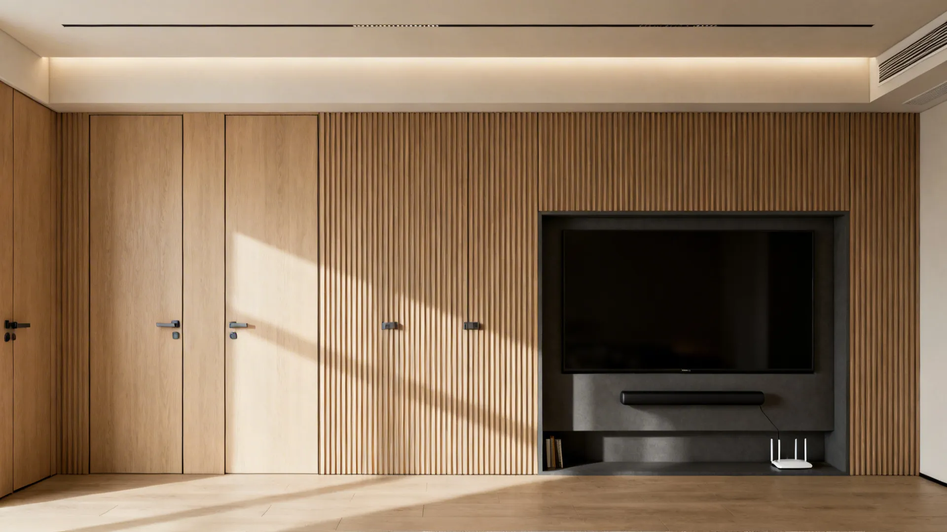 Fluted wood built-in TV wall with matte niche and concealed push-latch storage.