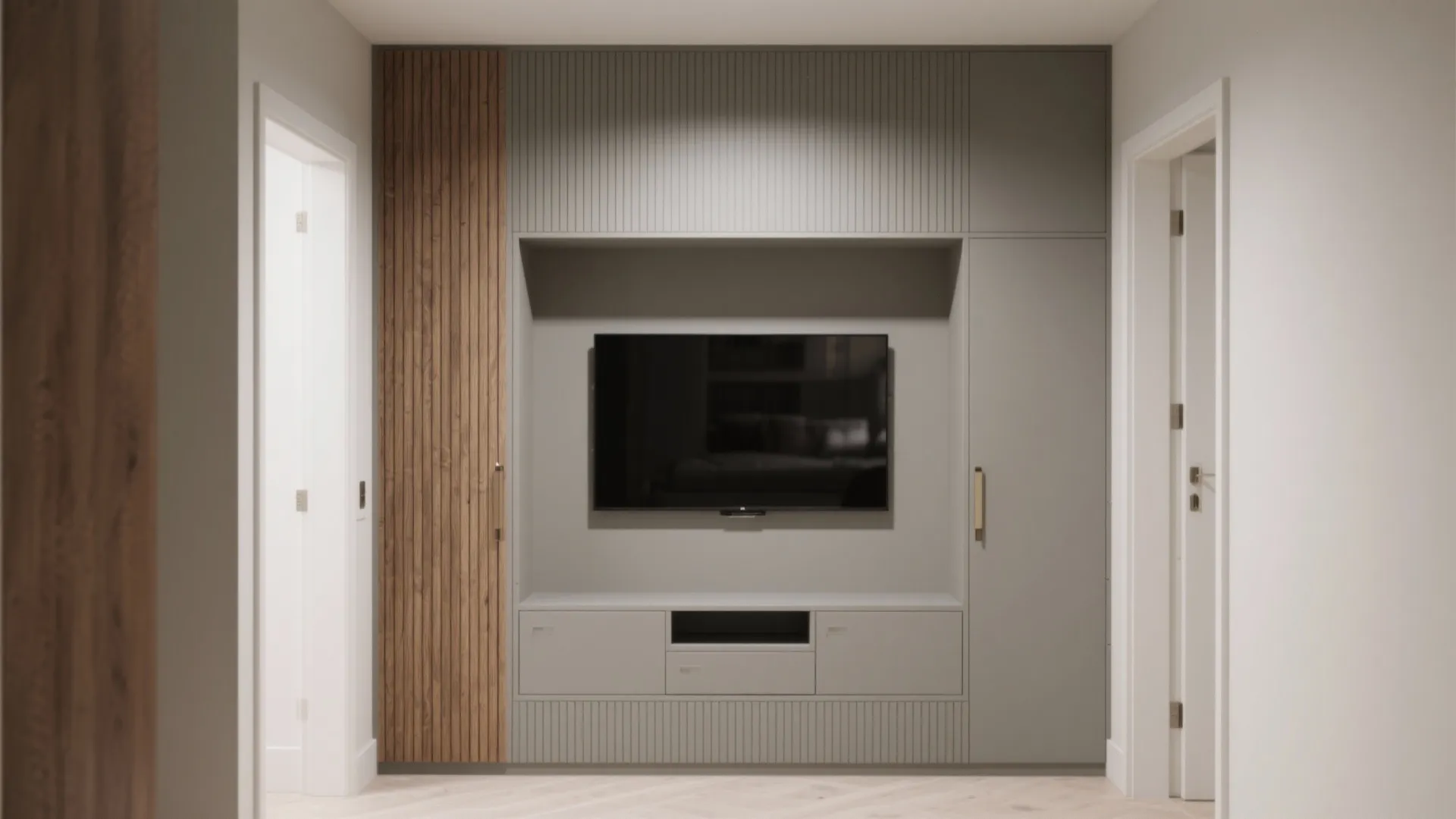 Built-in TV wall with fluted panels and hidden storage