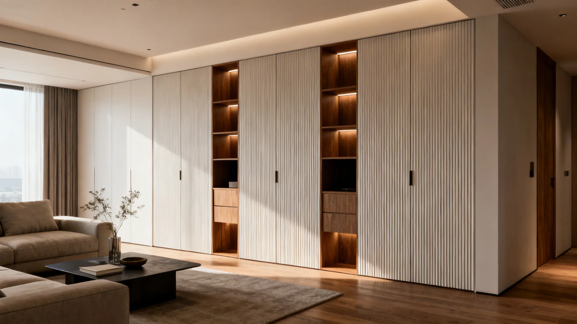 Small living room with fluted built-in cabinetry that disappears into the wall