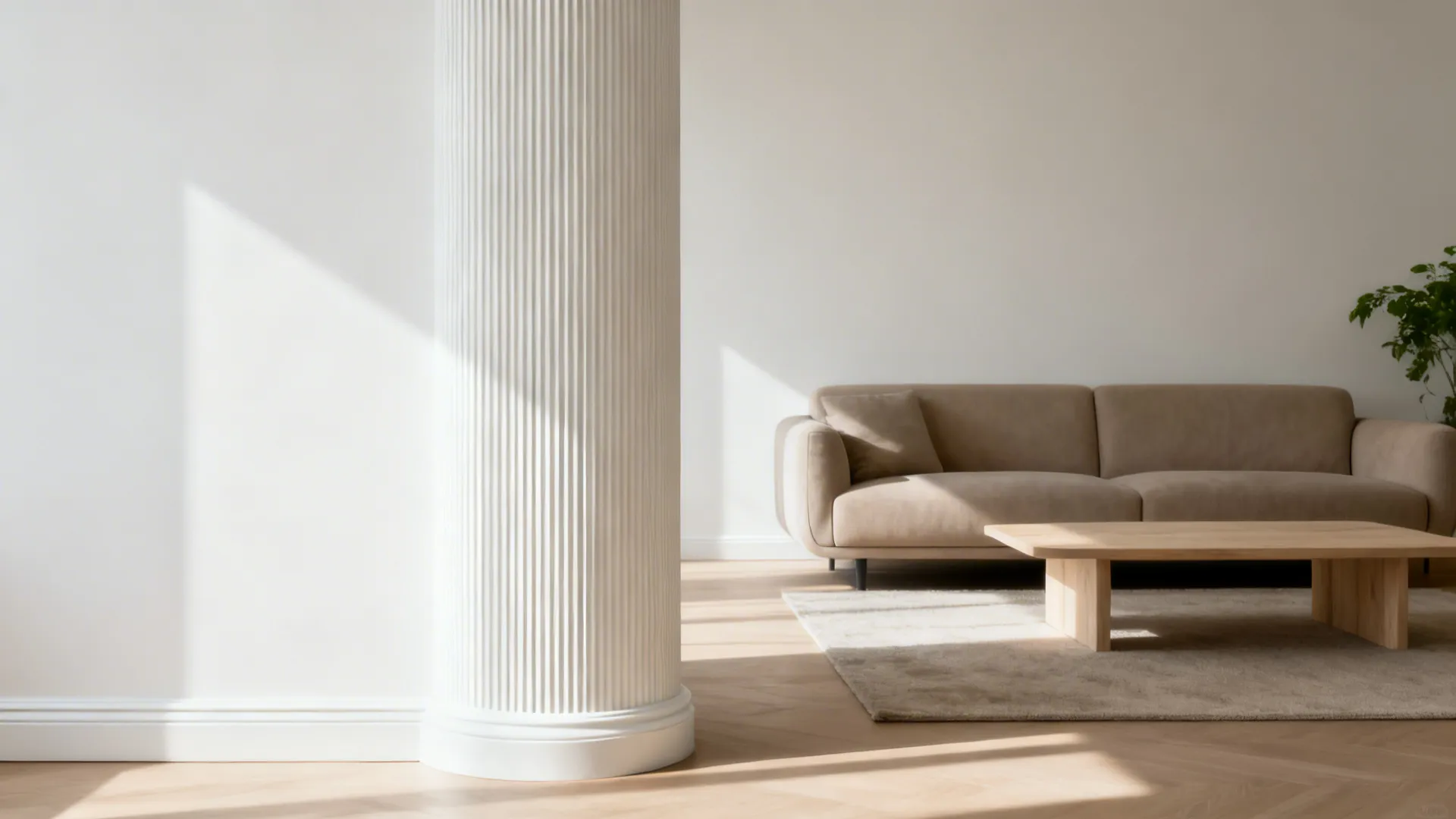 Warm white living room column wrapped in narrow fluted panels catching soft daylight.