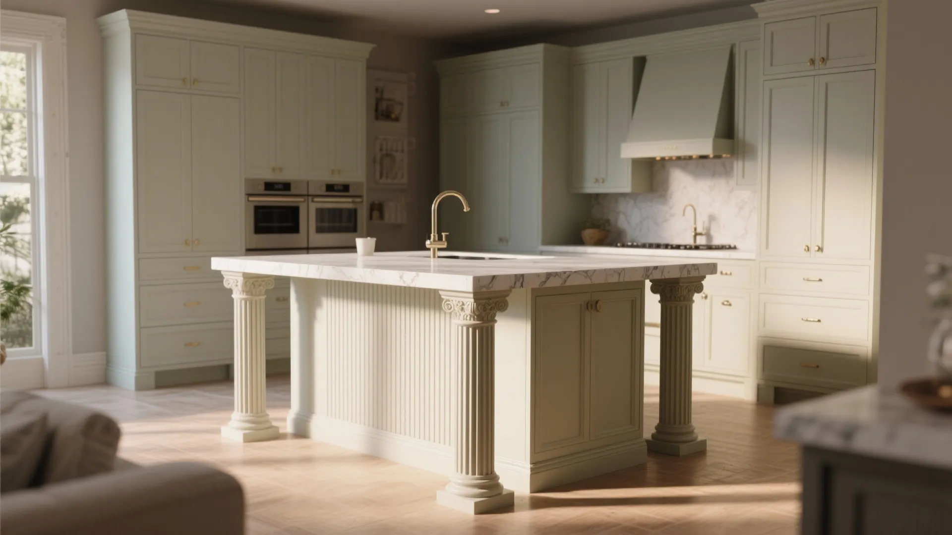 Light green kitchen with marble island featuring white classical columns and gold water faucet details