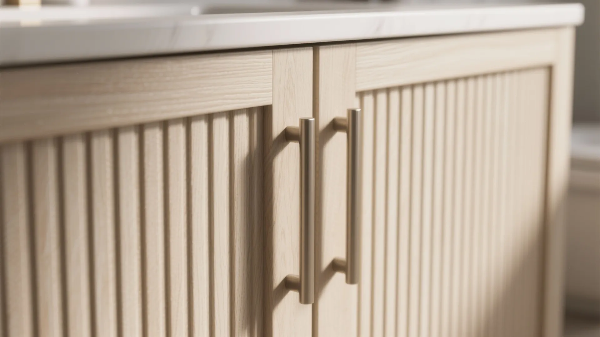 Close up of light wood bathroom cabinet doors with vertical lines and silver metal handles