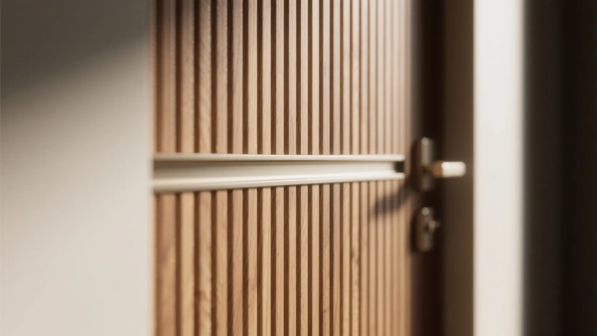 Close up of a wooden door with vertical lines and a simple metal handle design
