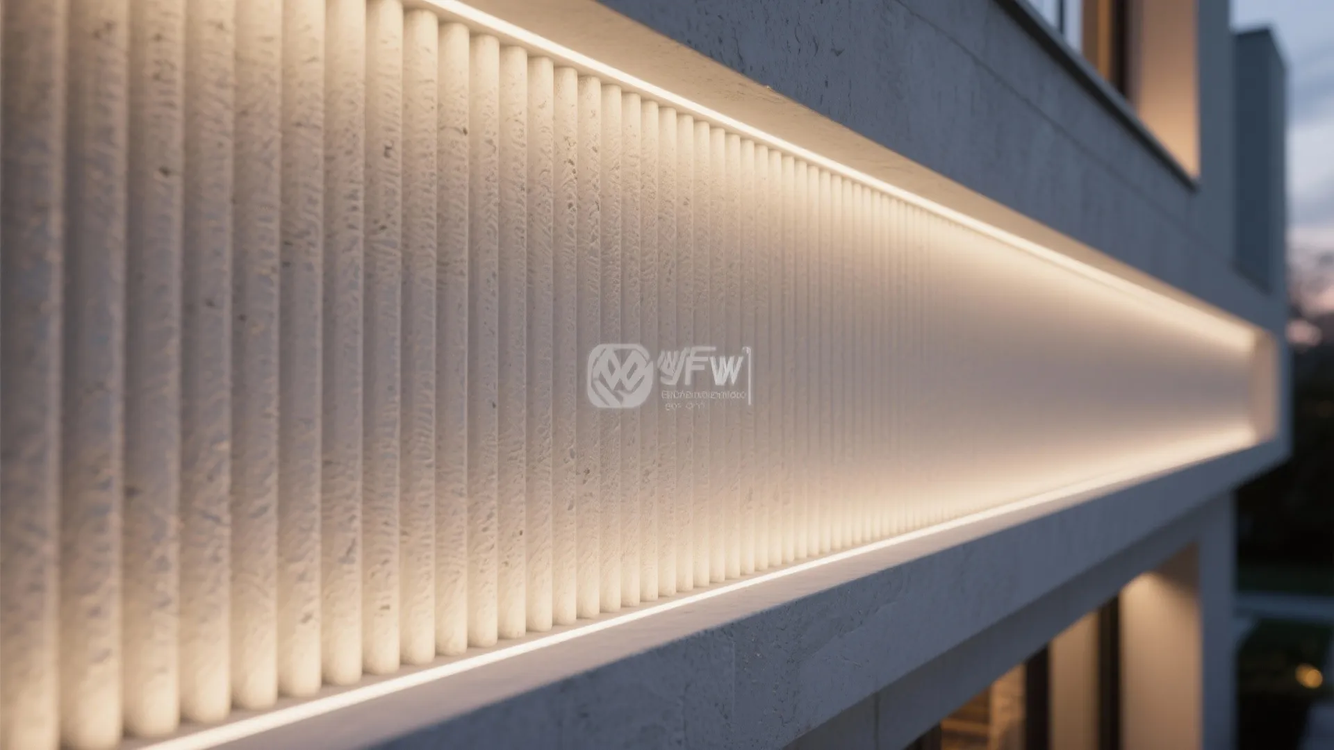Close up of vertical grooved wall panel with soft warm light strip on modern building
