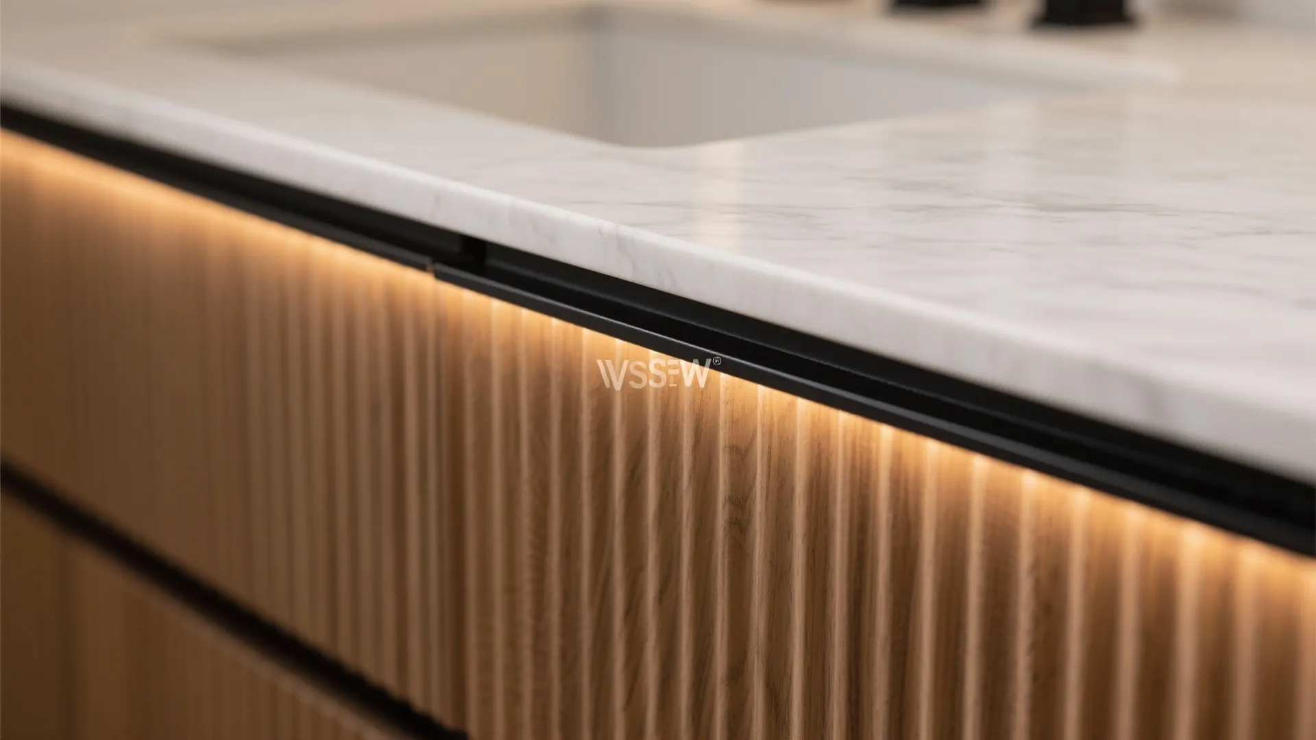 Floating vanity with fluted fronts and soft lighting