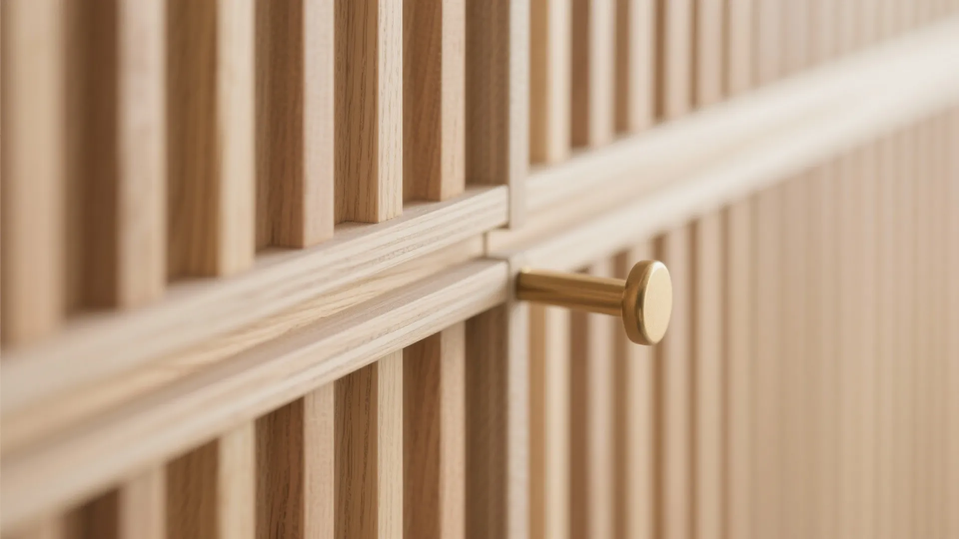 Close up view of light wood wall panel with vertical lines and a gold handle