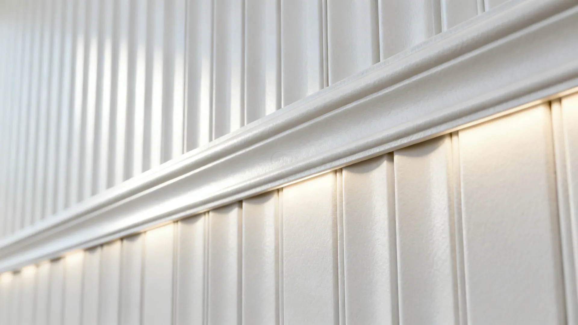 Macro of matte white fluted PVC wall with soft LED light grazing the grooves.