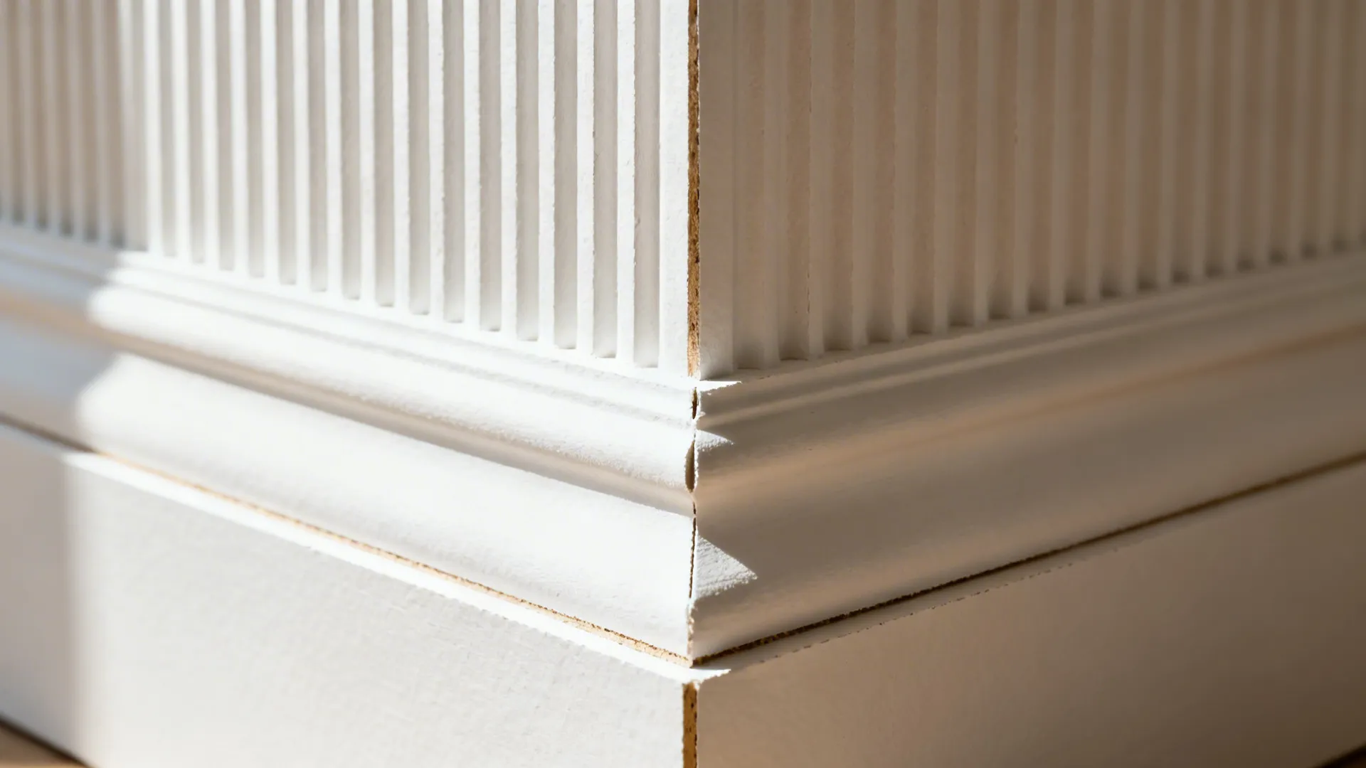 Macro detail of warm white fluted MDF cladding with crisp ribbing and smooth finish.