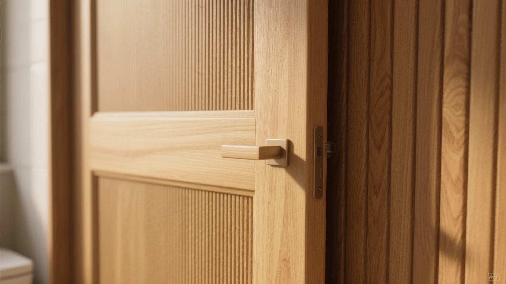 Close up view of a wooden door with vertical textured panels and a simple handle