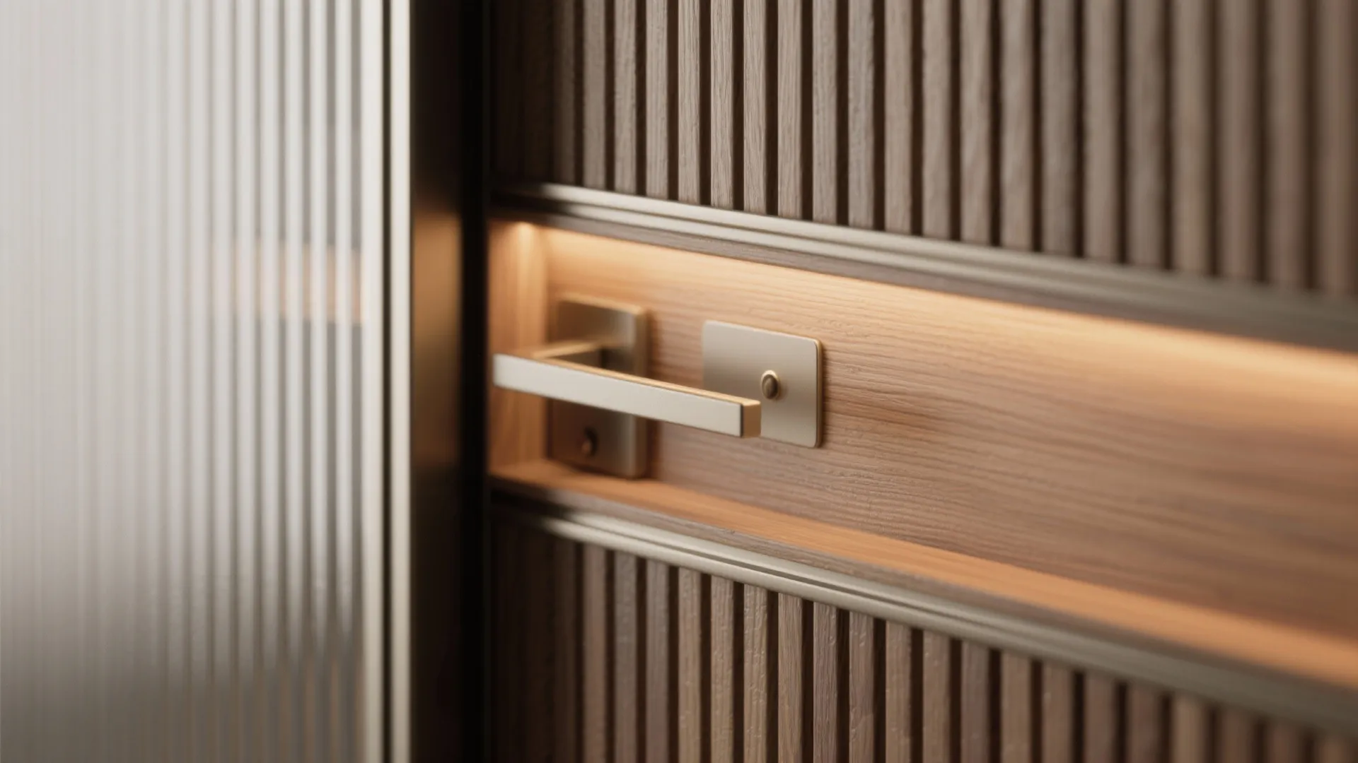 Close up of a wooden wall panel with a metal door handle and warm light