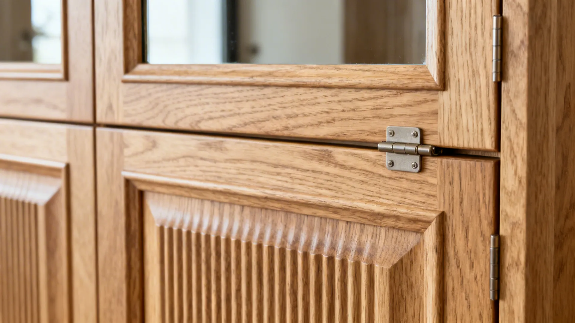 Close-up of fluted oak cabinet with push-latch detail and soft natural sheen.