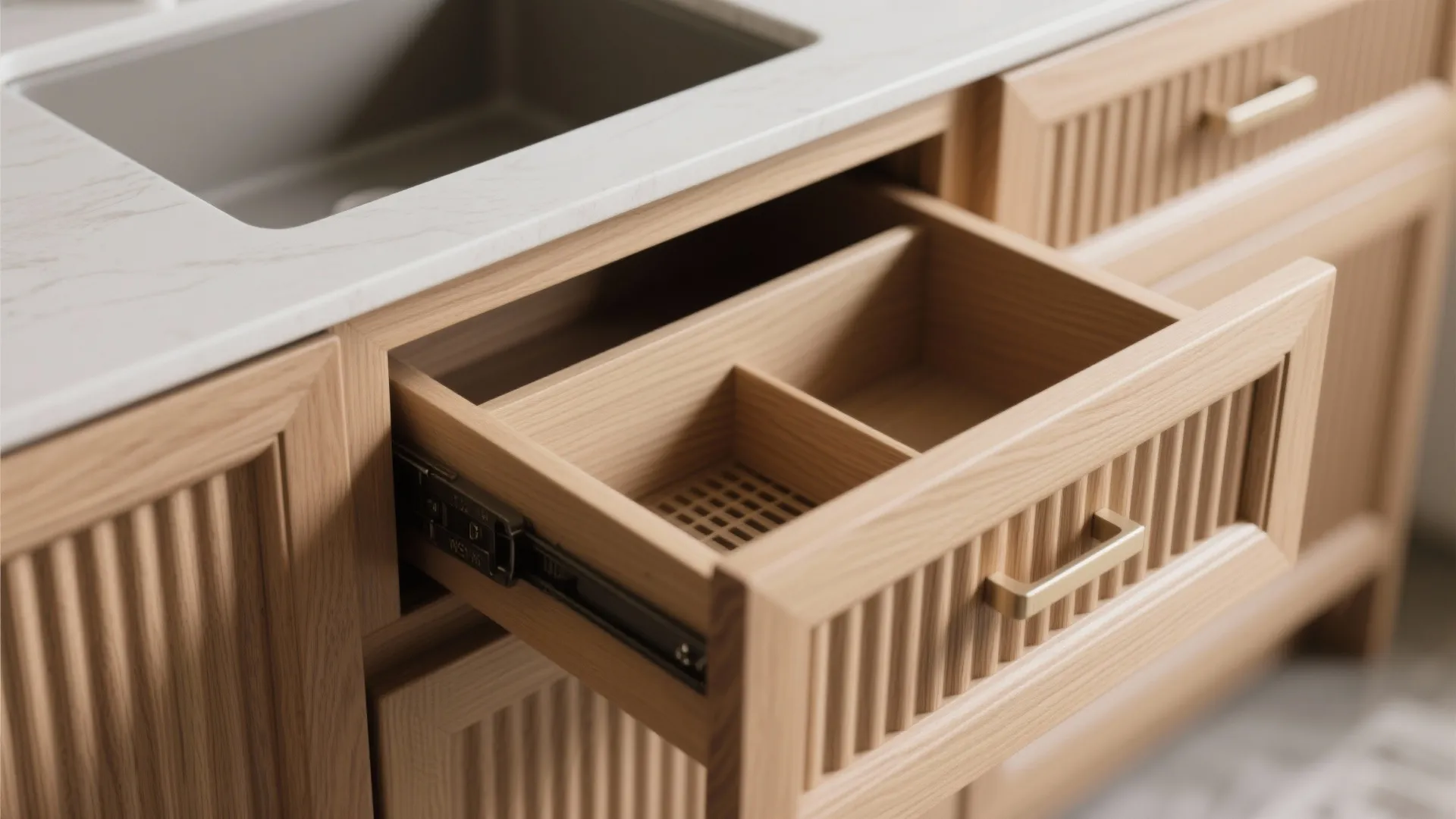 Compact vanity with fluted wood and concealed storage