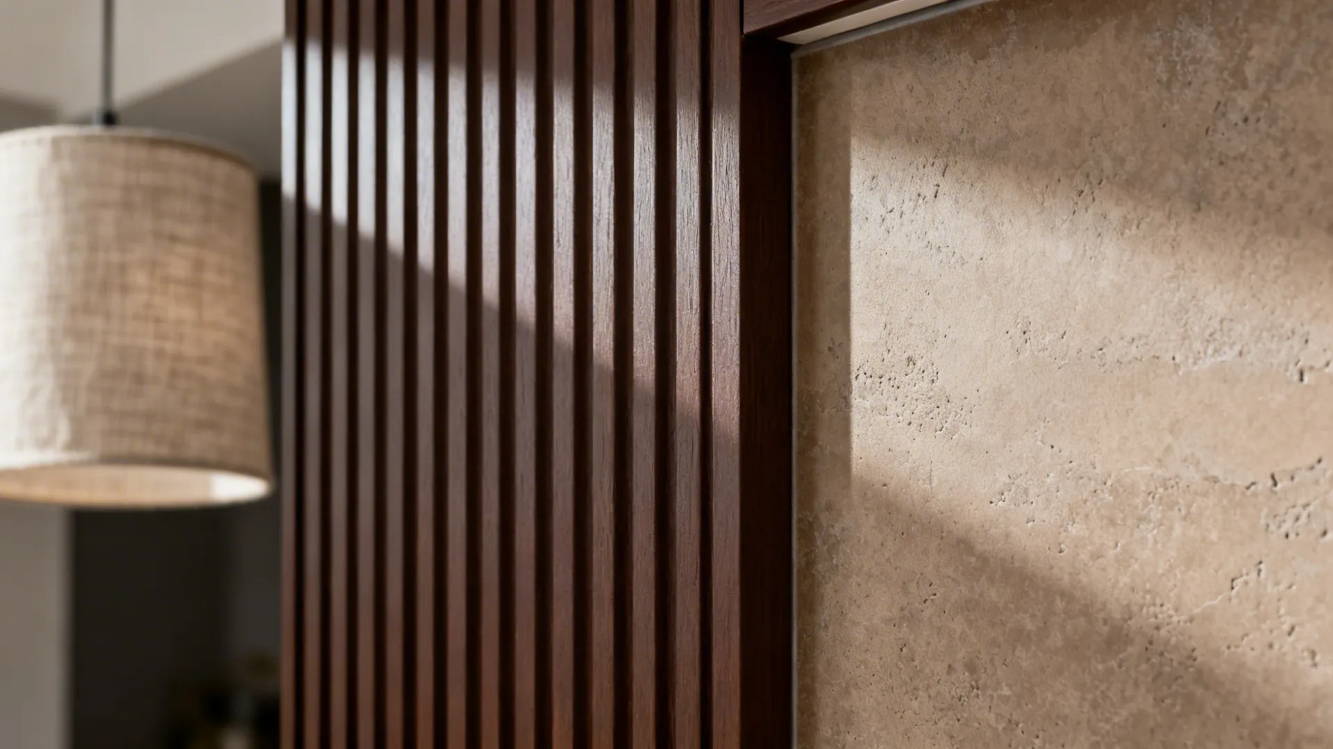 Macro of satin espresso fluted panel next to taupe microcement texture.