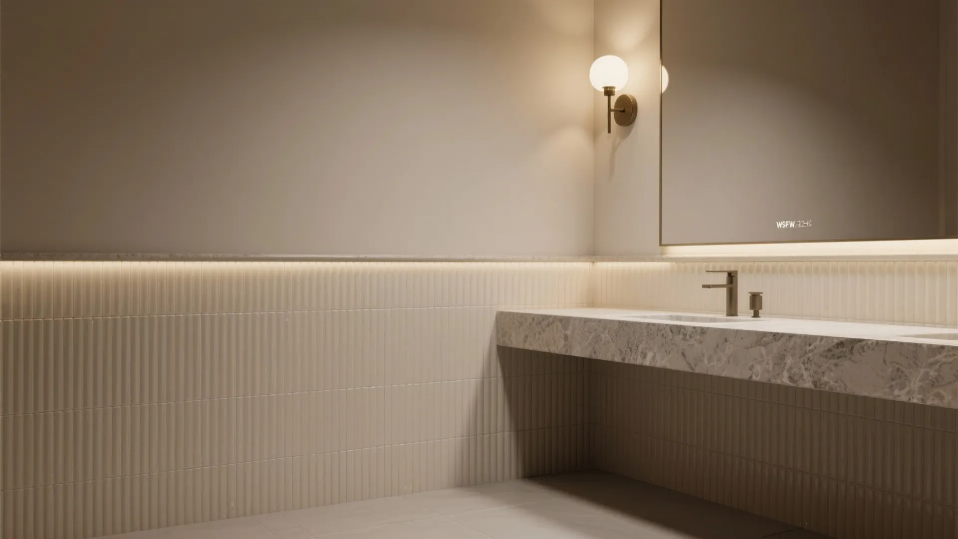Modern bathroom with marble stone counter, round wall light, fluted wall panels, and large mirror