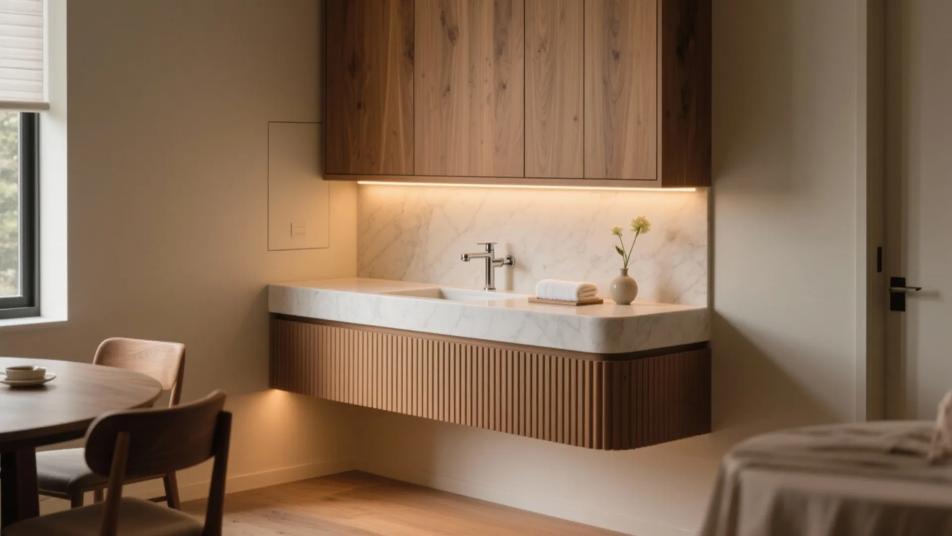 Floating vanity with fluted fronts and soft lighting