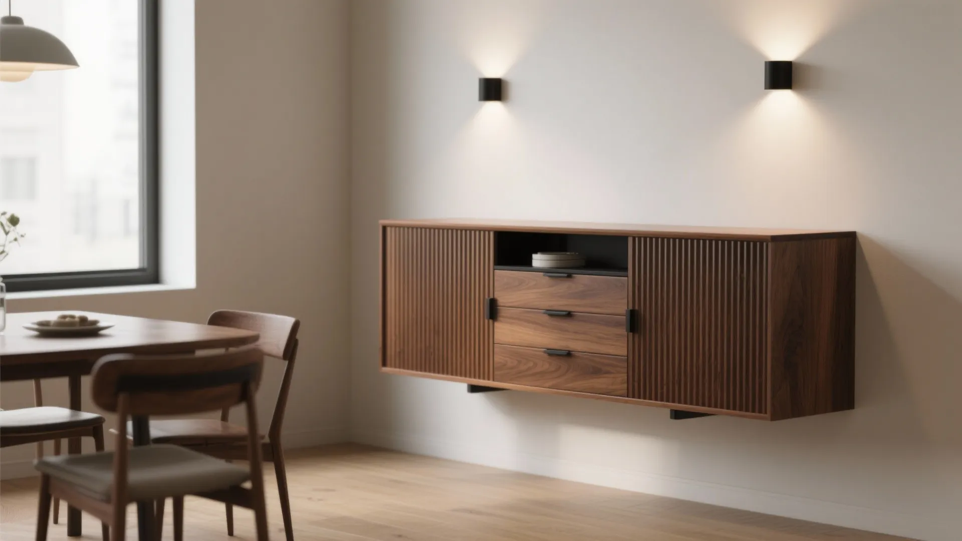 Floating Sideboard with Fluted Wood