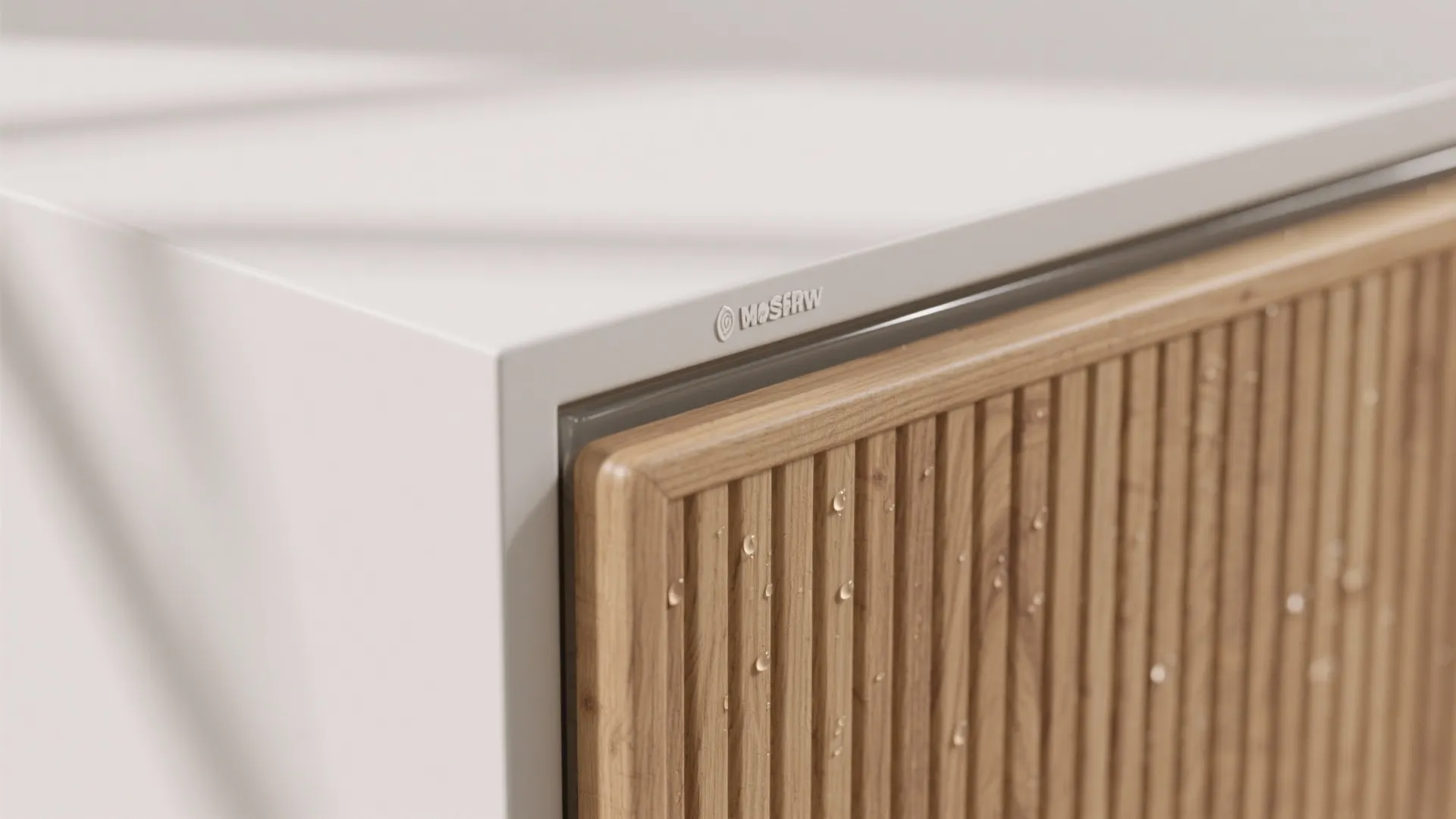 Macro of fluted wood front meeting matte laminate panel with a fine silicone bead sealing the seam.