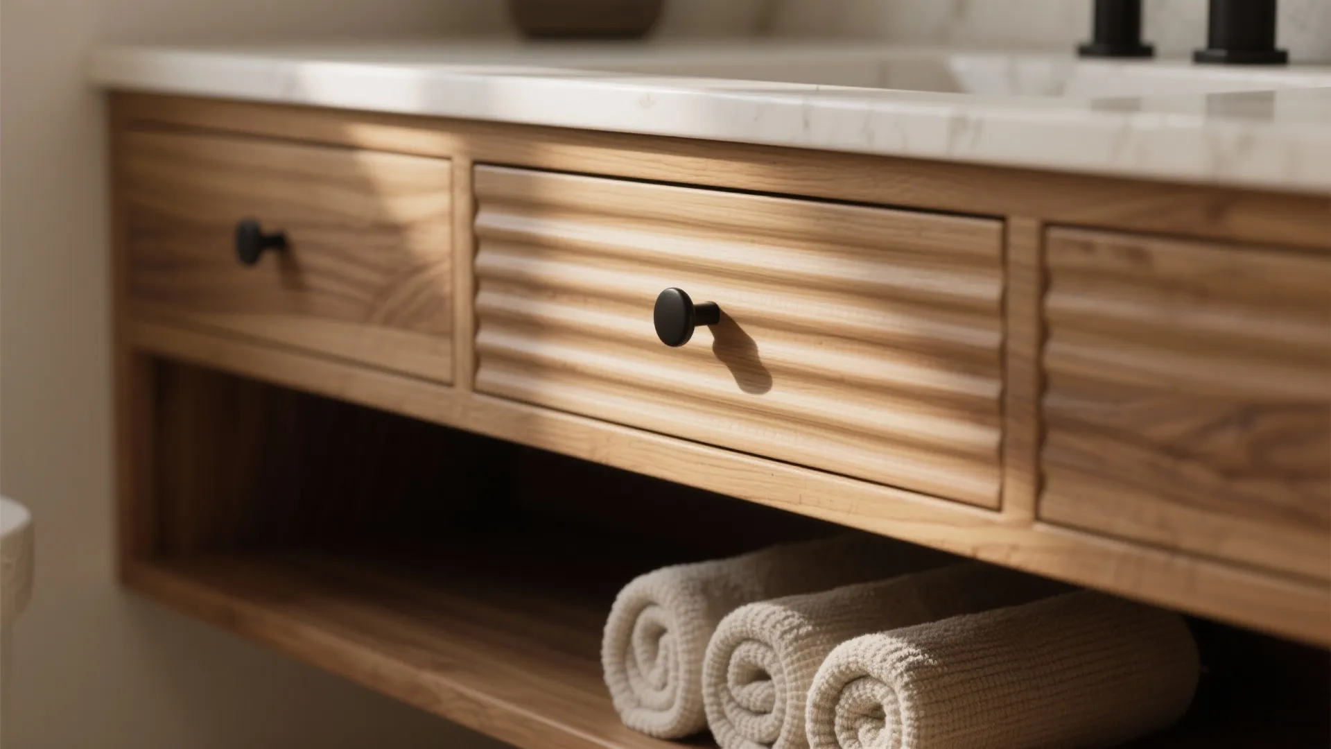 Textured wood, fluted fronts, and open shelves