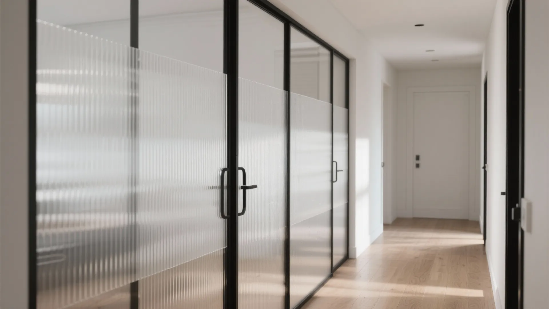 Long hallway featuring glass partition walls with black frames and textured privacy glass design elements