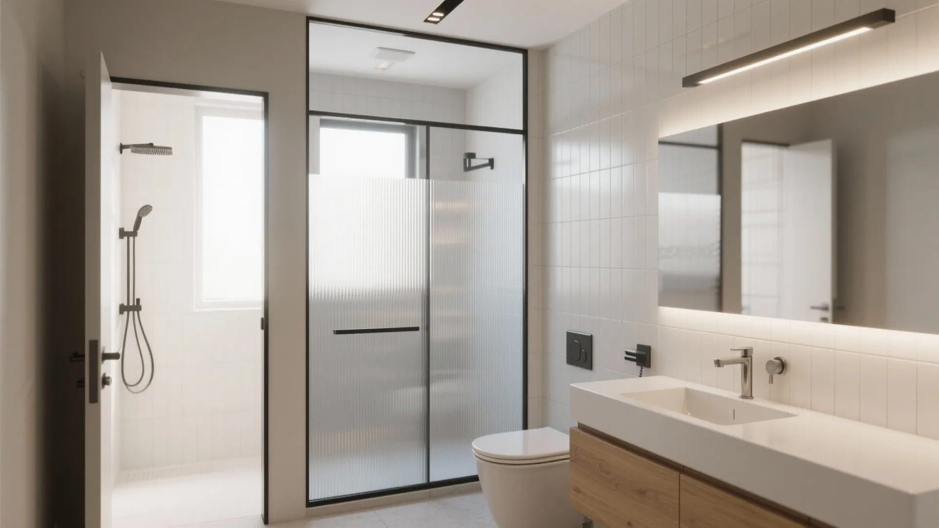 Bathroom interior design showing glass shower door white toilet wooden cabinet and a large mirror