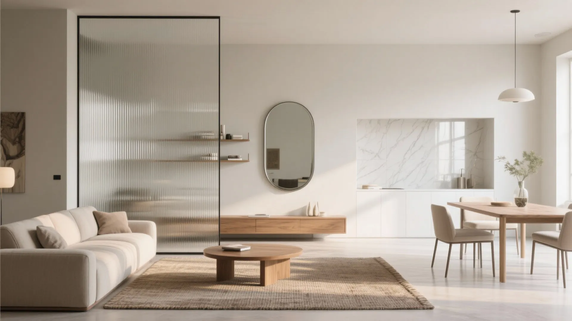 Glass and reflective touches to widen the room