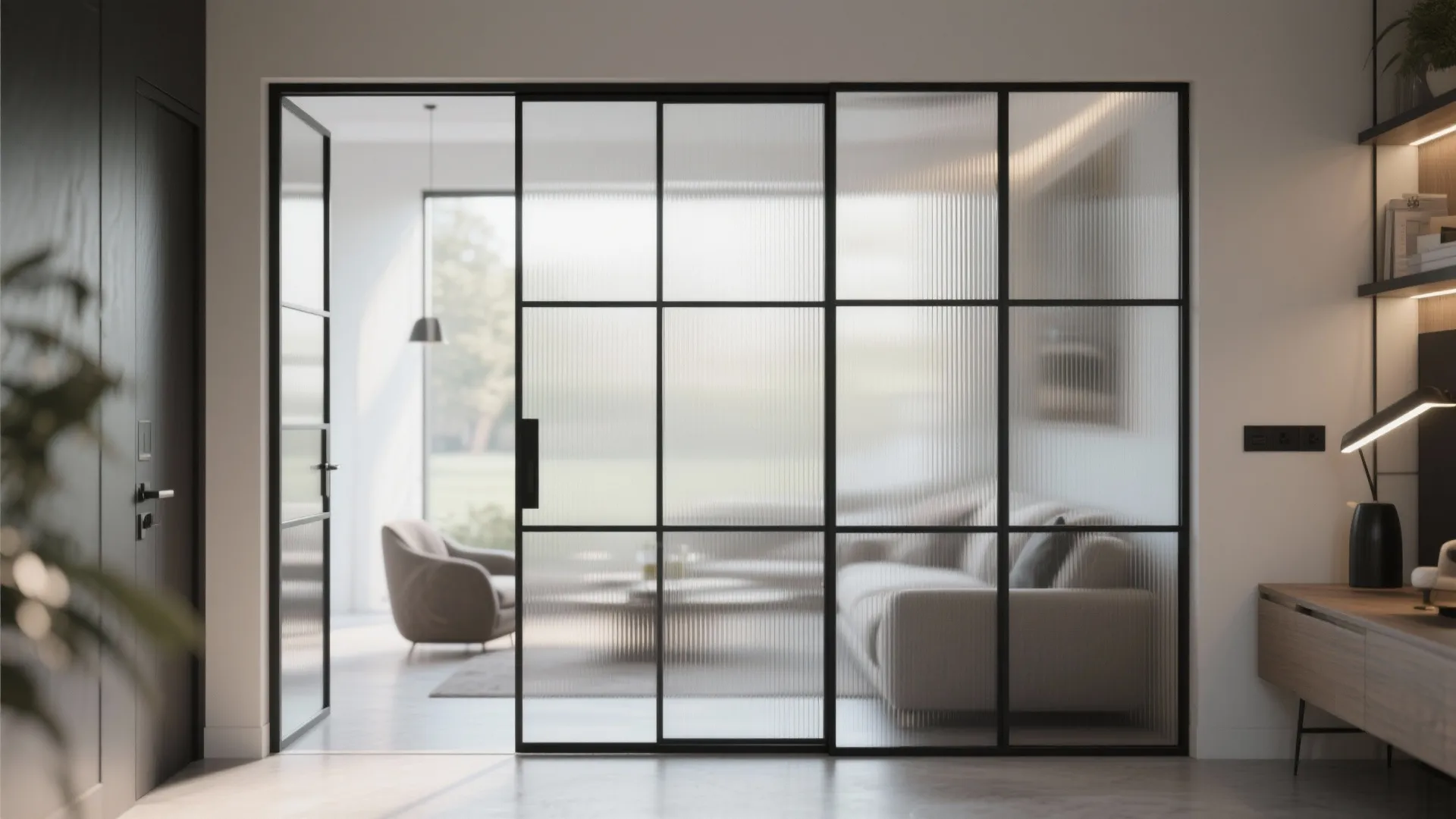 Modern sliding glass door with black frame separating a living room and an office space