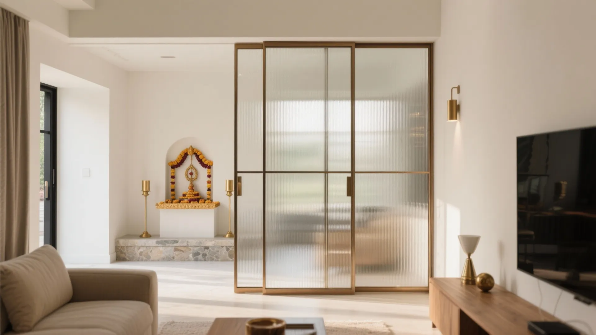 Modern living room featuring glass sliding doors with gold frame and a small prayer area
