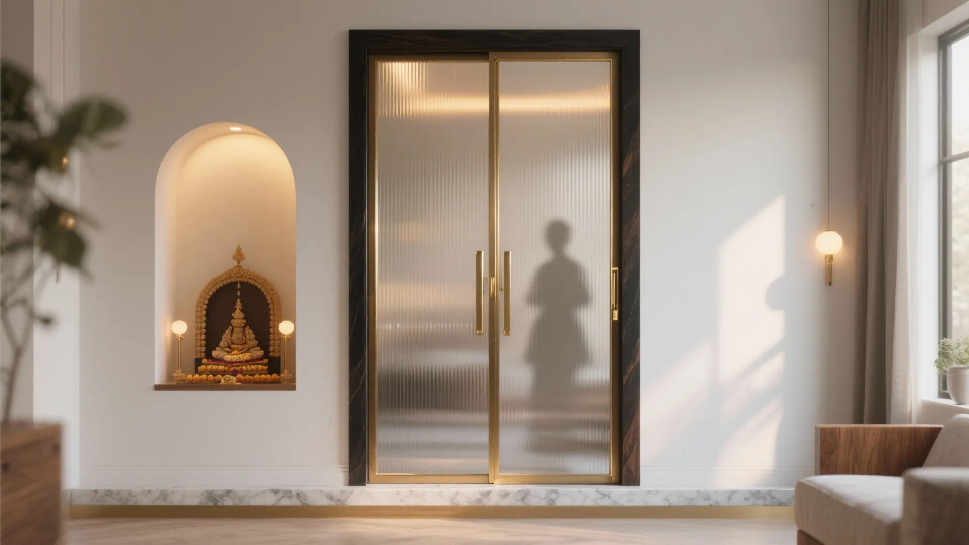 Modern sliding glass door with gold frame next to a wall niche with small statue