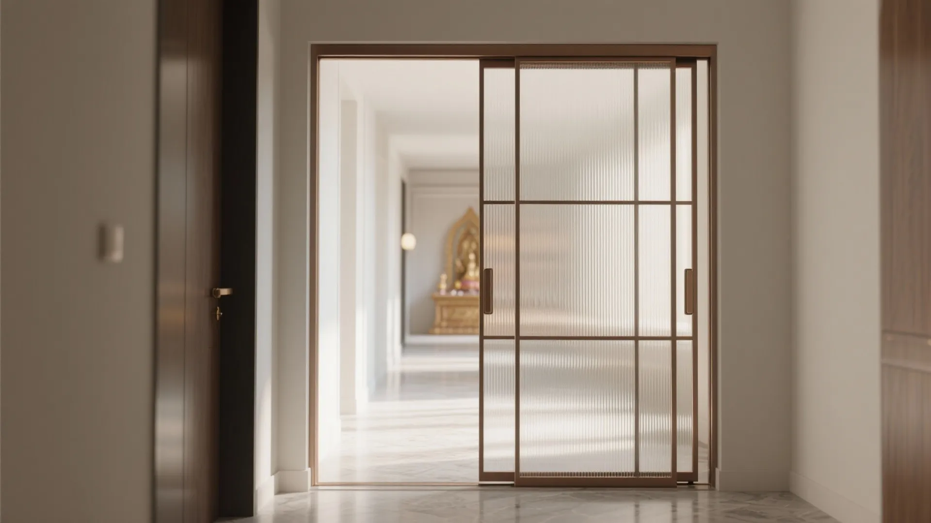 Sliding glass door with vertical lines in a bright hallway with white floor and walls
