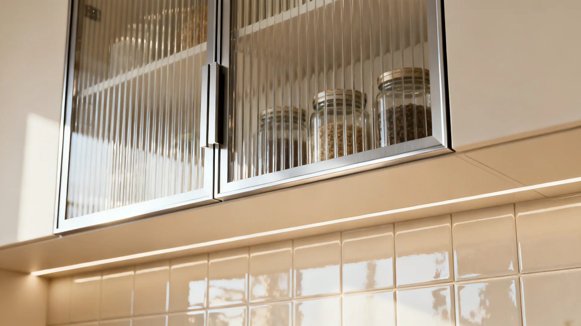 Fluted glass upper cabinet doors over a glossy reflective backsplash in a compact kitchen.