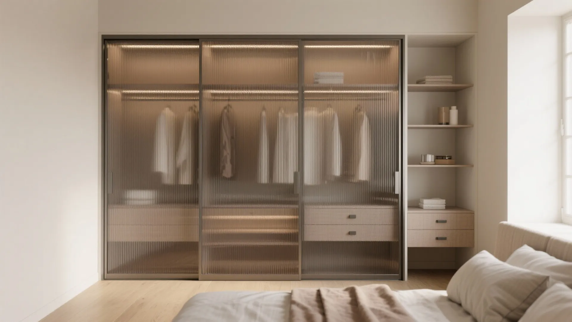 Large glass door cabinet with internal lighting showing hanging clothes and shelves in modern bright bedroom