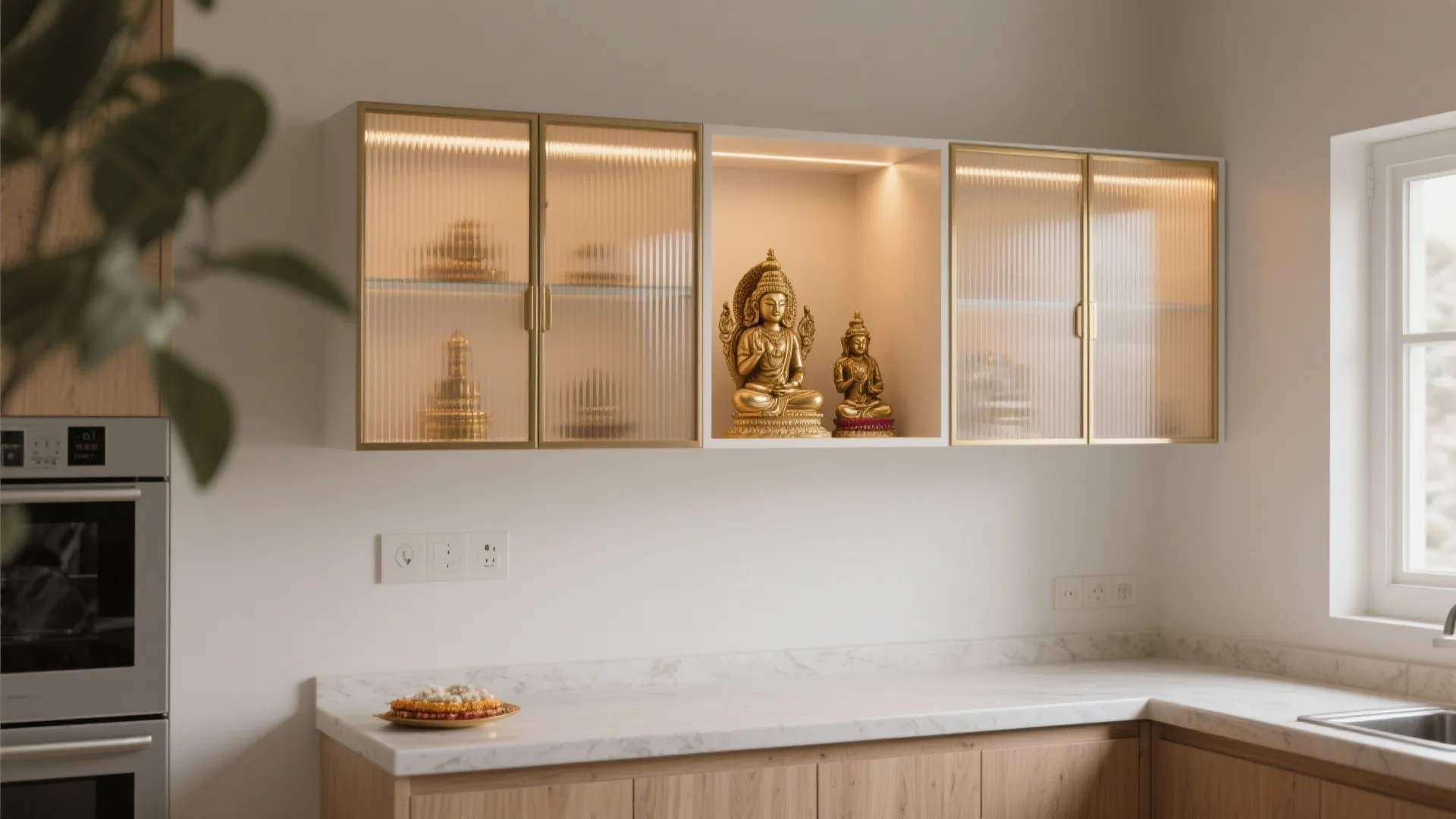 Modern kitchen with white marble countertop and wall cabinet featuring ribbed glass doors and statues