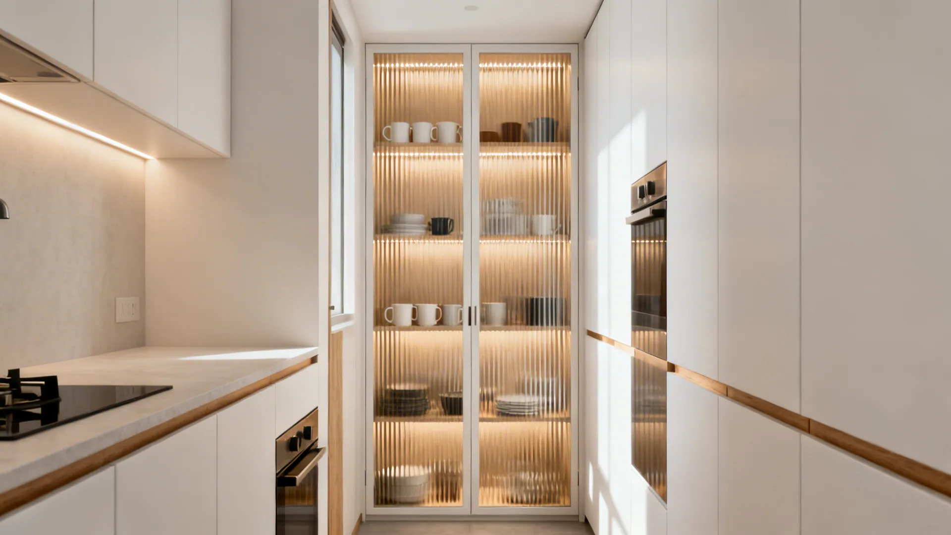 Narrow modern kitchen with vertical fluted glass cabinet doors glowing softly inside.
