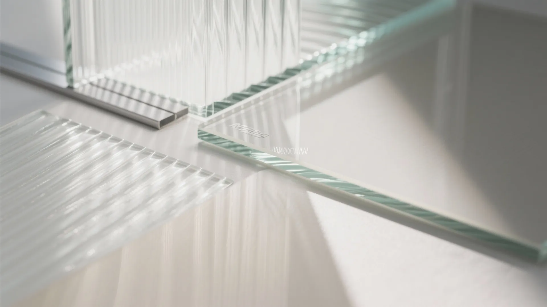Close up view of fluted glass panels and clear glass sheets with light reflecting surfaces