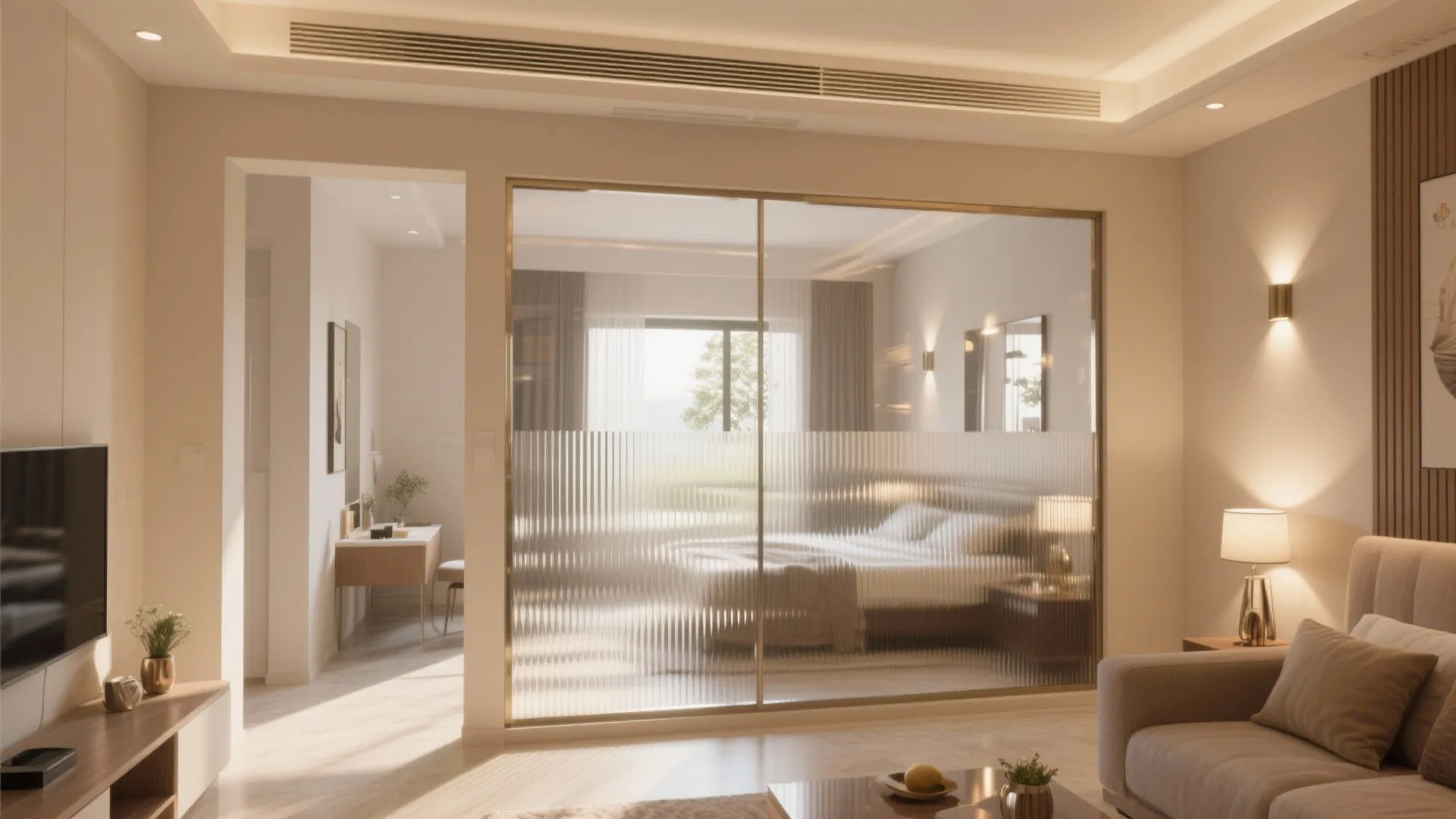 Daylight bounce: pale walls, glass partitions, and reflective accents