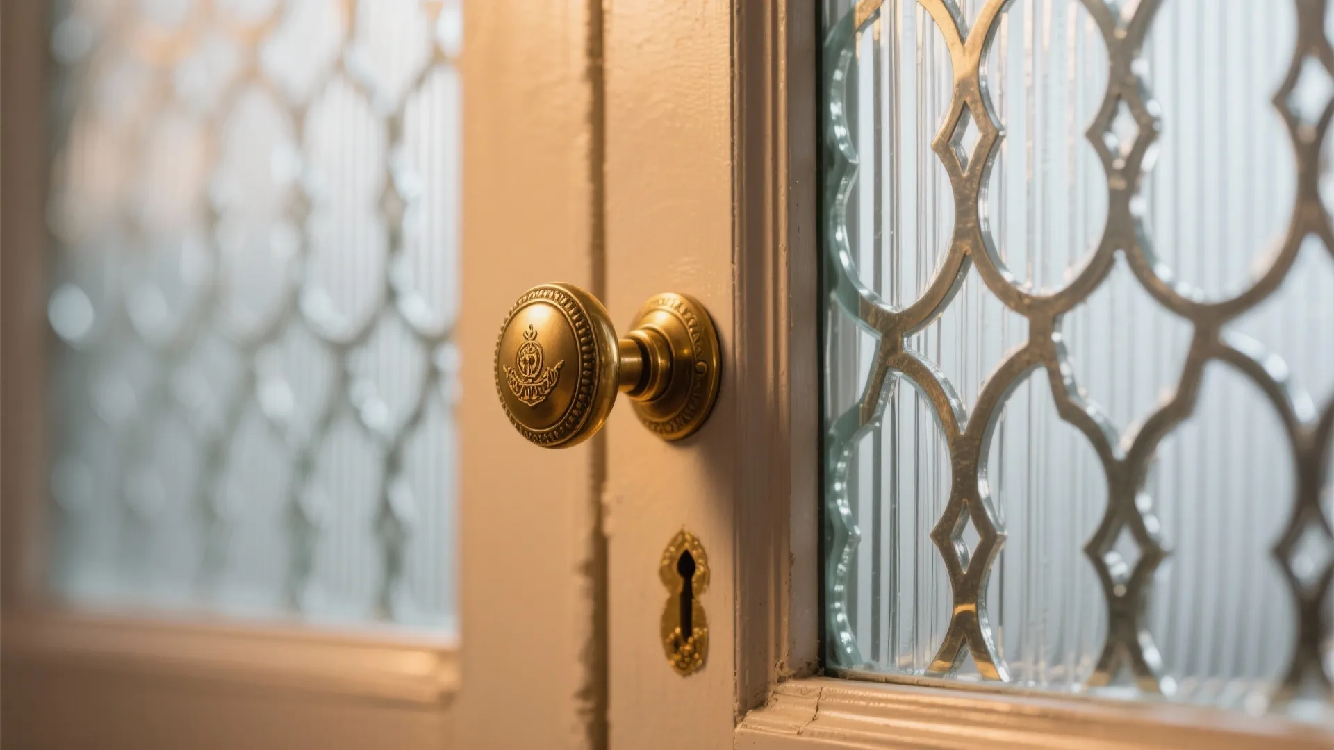 Glass jaali doors with soft backlighting