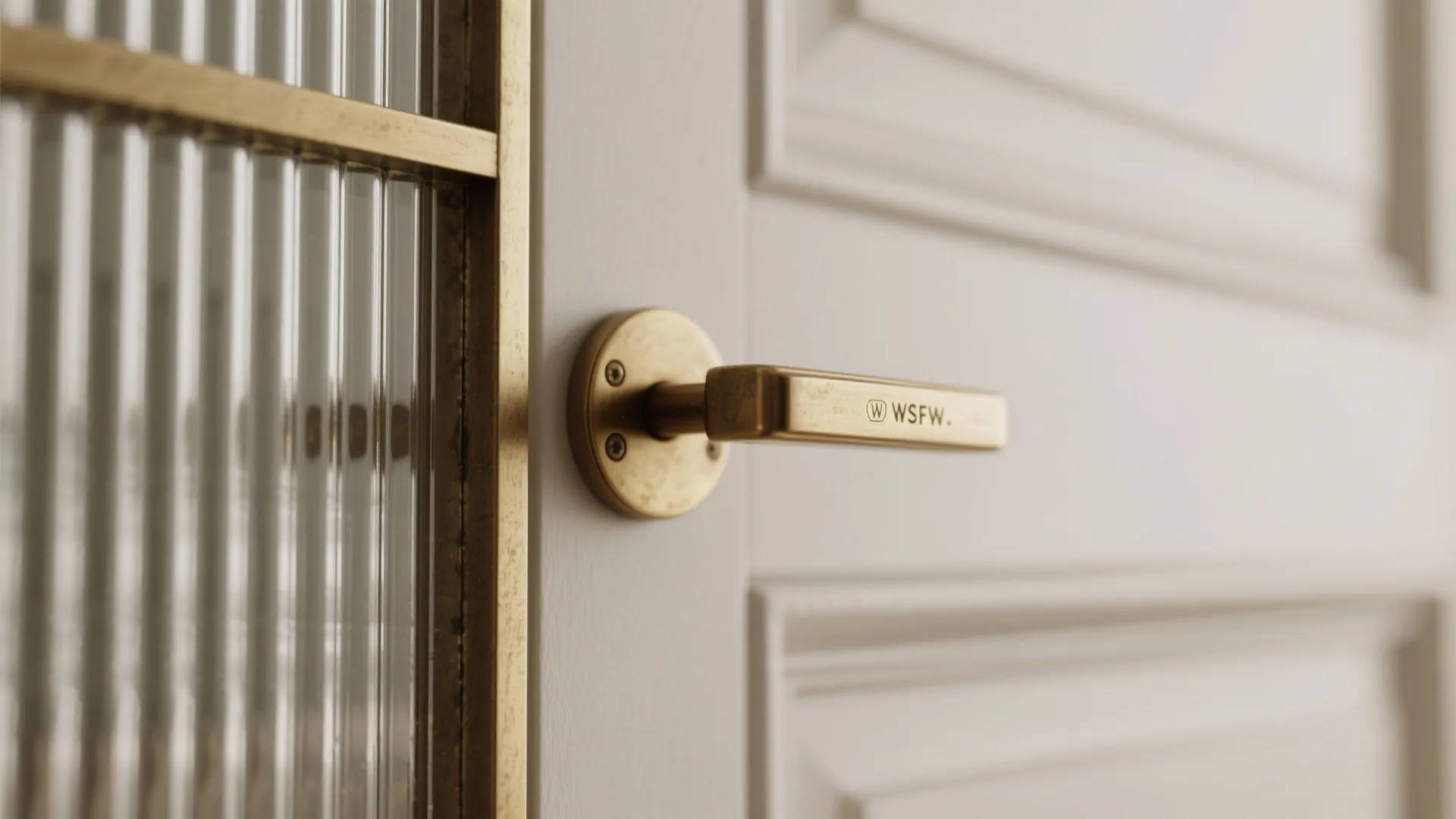 Close up of a gold metal door handle on a white door with glass panel