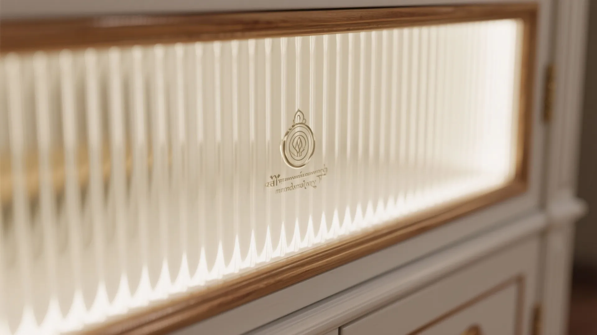Close up of glass panel with vertical lines on a white cabinet with internal lighting