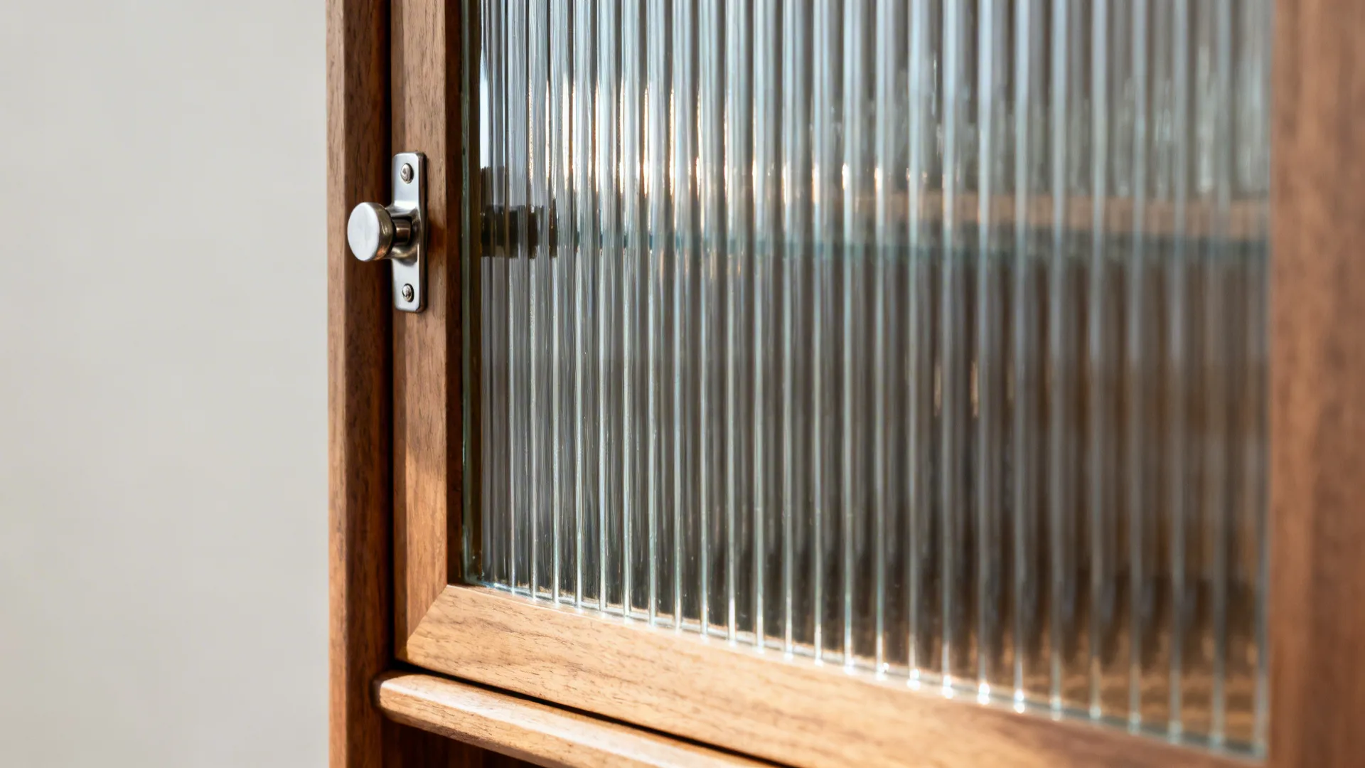 Close-up of a ribbed fluted glass cabinet door with oak frame reflecting soft daylight.