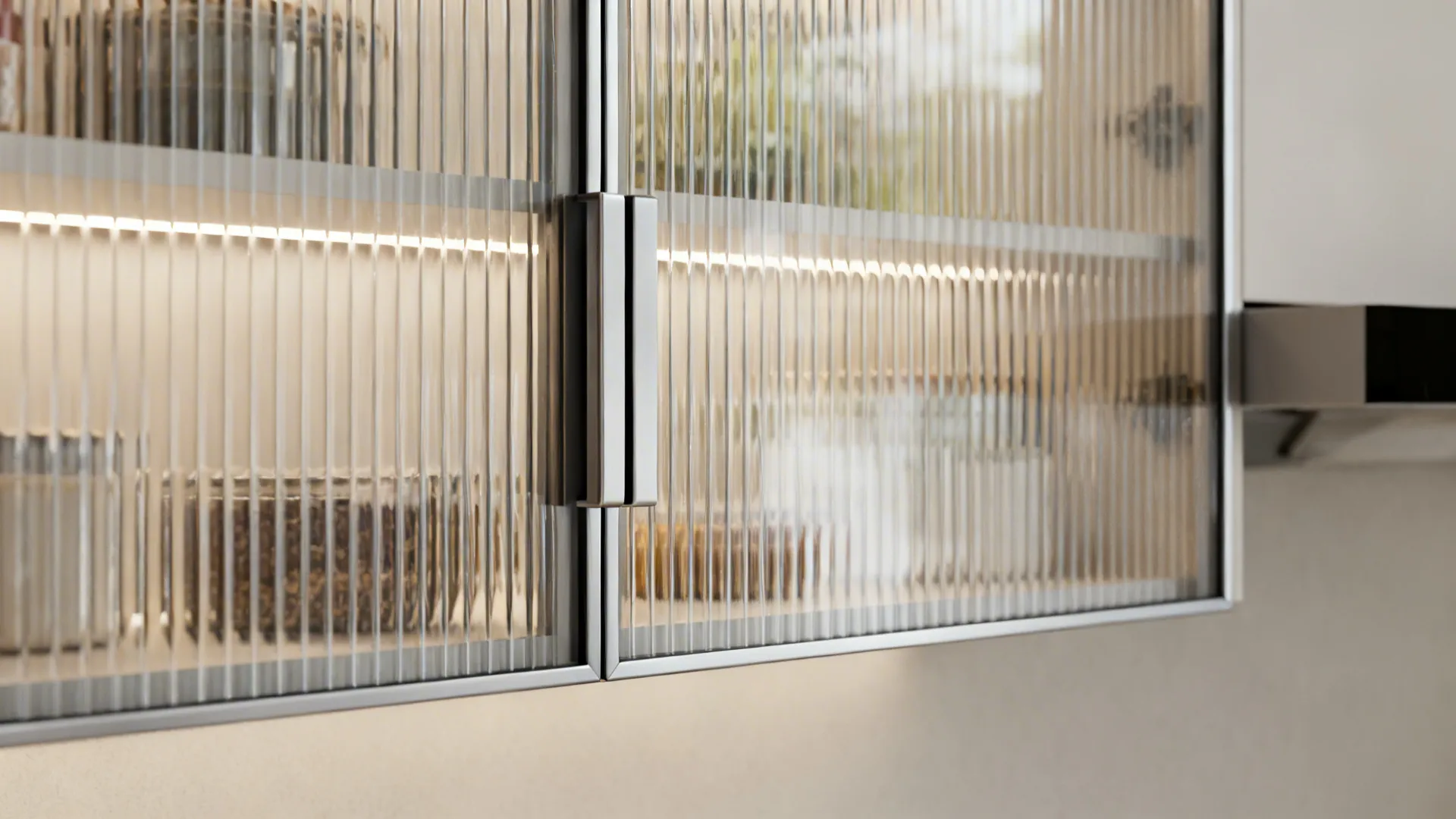 Macro view of fluted tempered glass kitchen shutter in a slim aluminum frame with soft diffused light.