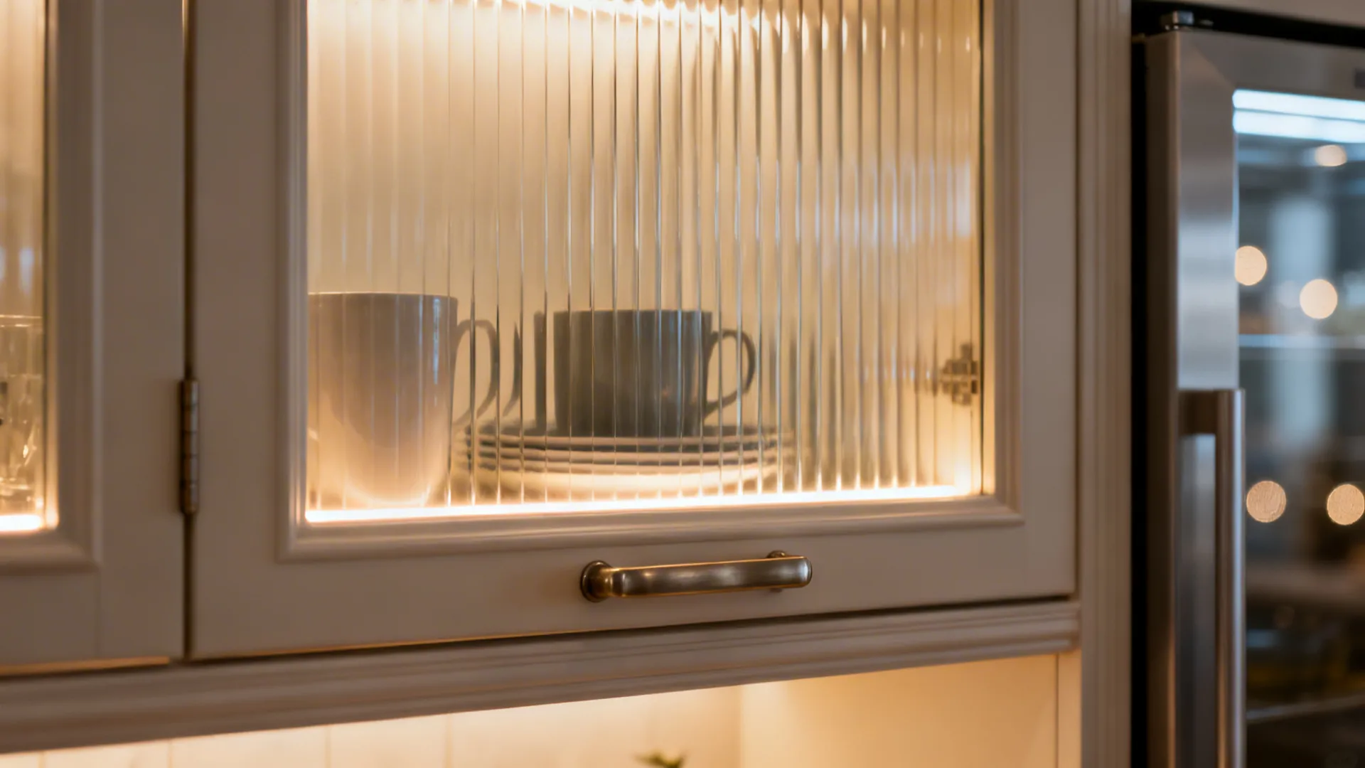 Close-up of fluted glass hutch door with warm LEDs and refined hardware.