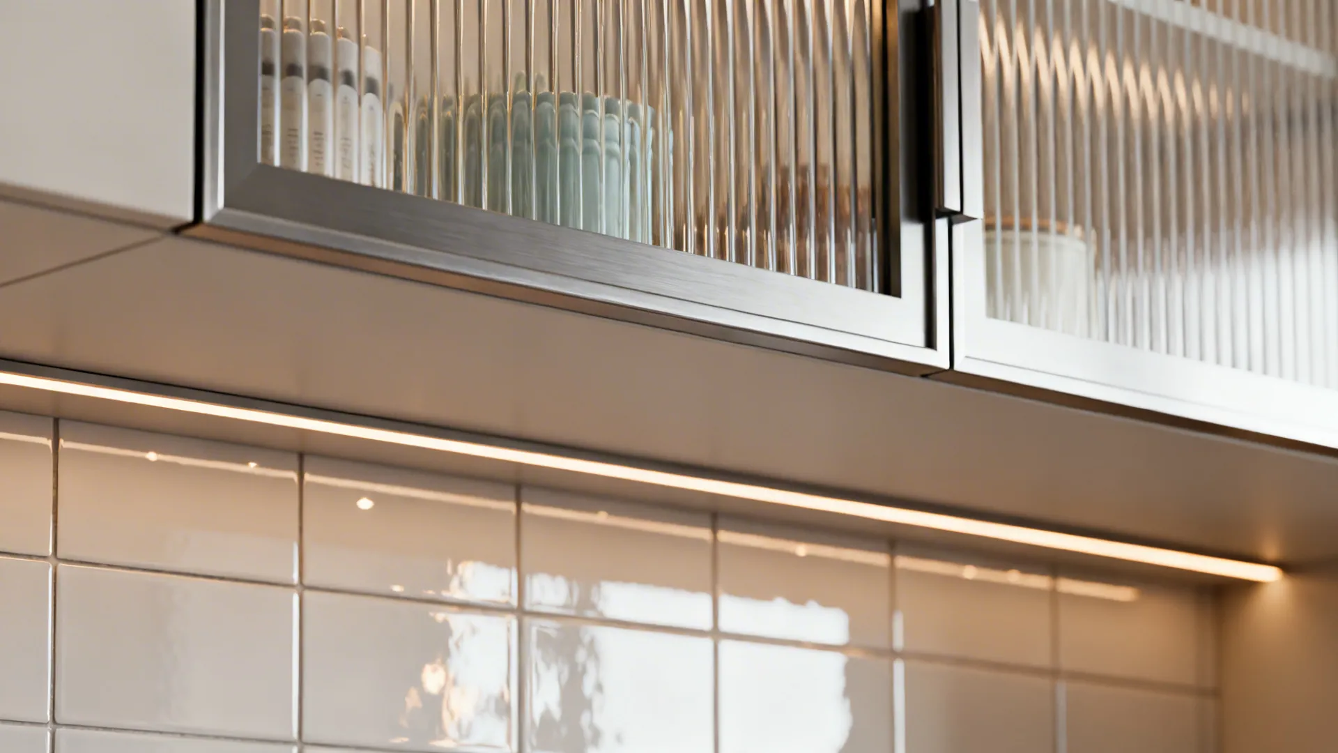 Close-up of fluted glass cabinet door with warm under-cabinet lighting.