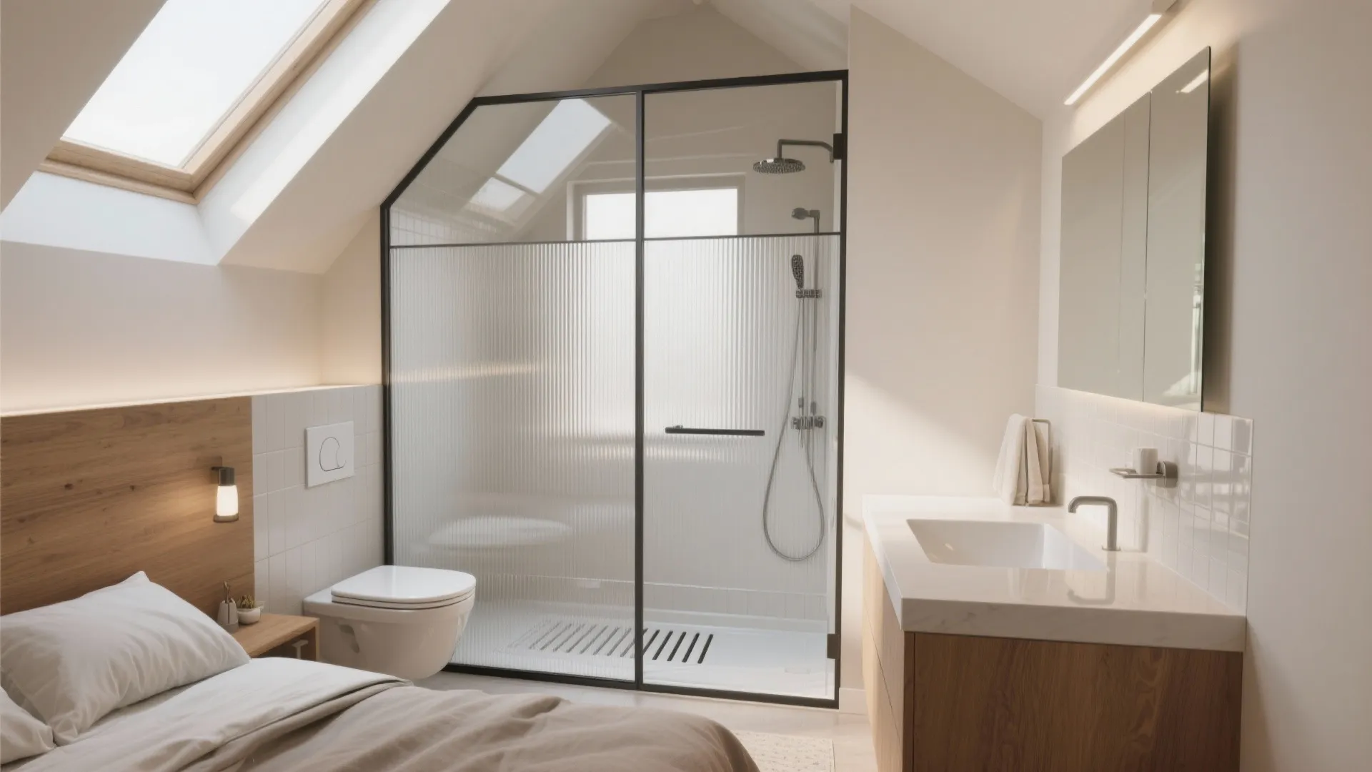 Glass partition ensuite with privacy layers