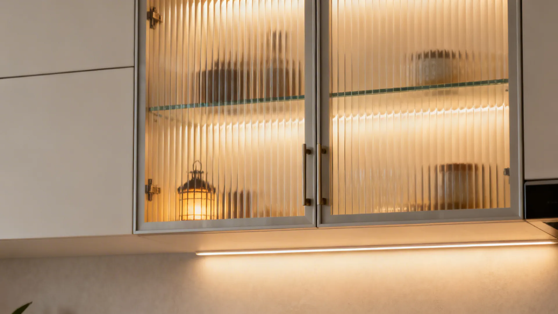 Fluted glass door cabinet with warm-lit interior glass shelves in a minimalist kitchen.