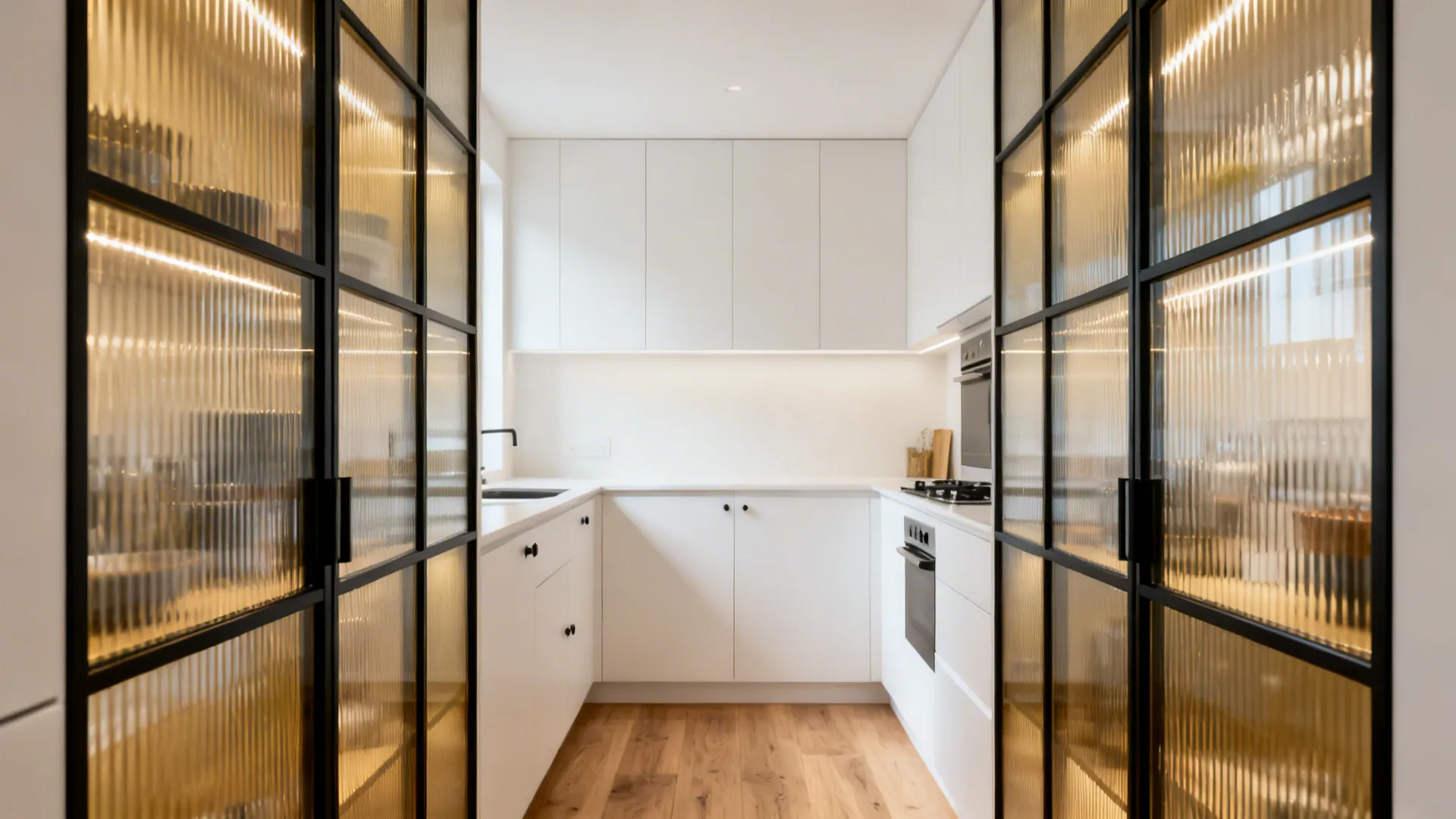 Galley kitchen with slim-frame fluted glass cabinet fronts that diffuse light.