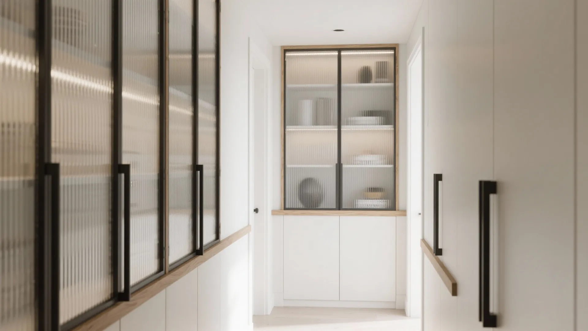 2) Glass-Front (or Fluted Glass) Cupboards to Lighten the Look