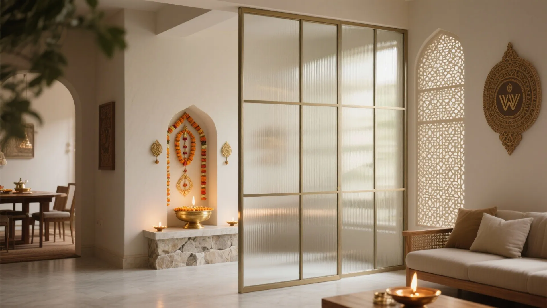 Translucent partition: fluted glass or jaali for privacy and light